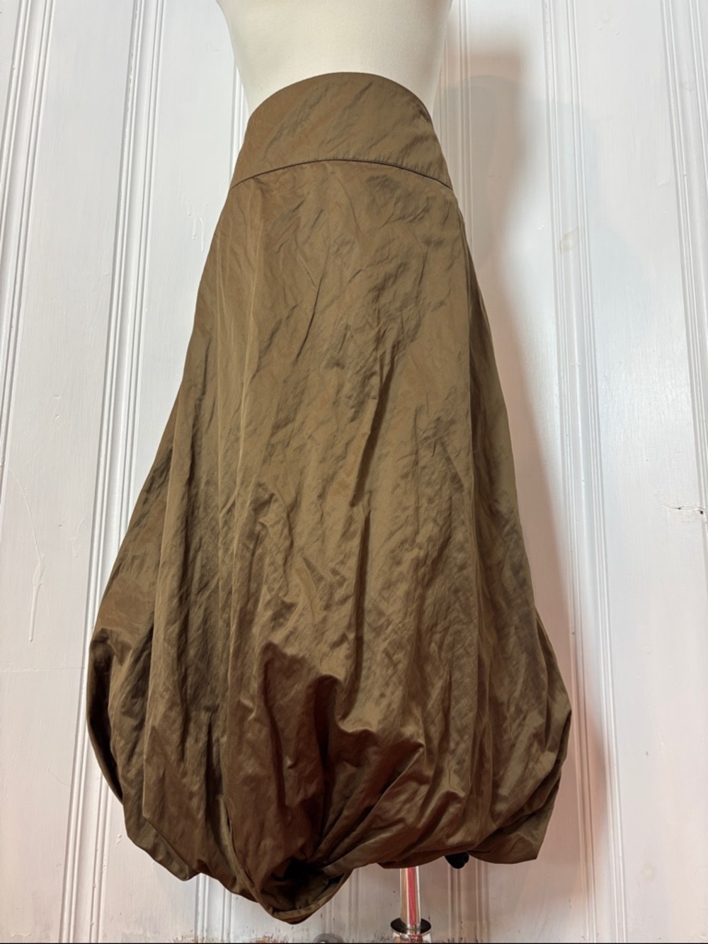 SARAH PACINI Designer Khaki Metallic Bubble Skirt Maxi Length Avant Garde Size 4
